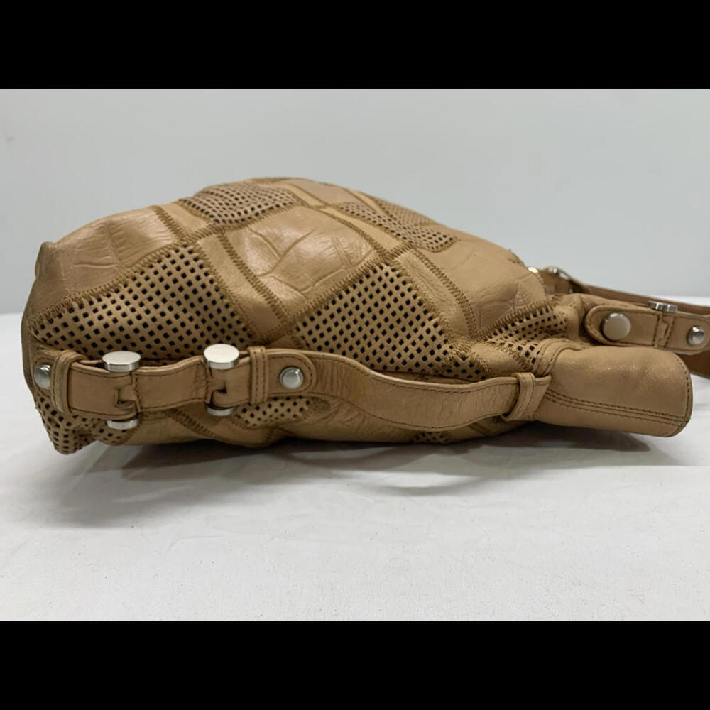 B. Makowsky Beige/Tan Patchwork Leather Weekender Tote Bohemian Shoulder Bag - Picture 4 of 14